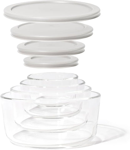8-Piece Glass Food Storage Containers Set (4 Containers + 4 Lids) | Round, Nesting, Microwave & Dishwasher Safe | BPA-Free, Space-Saving | Grey Lids for Pantry & Kitchen Organization, Grey
