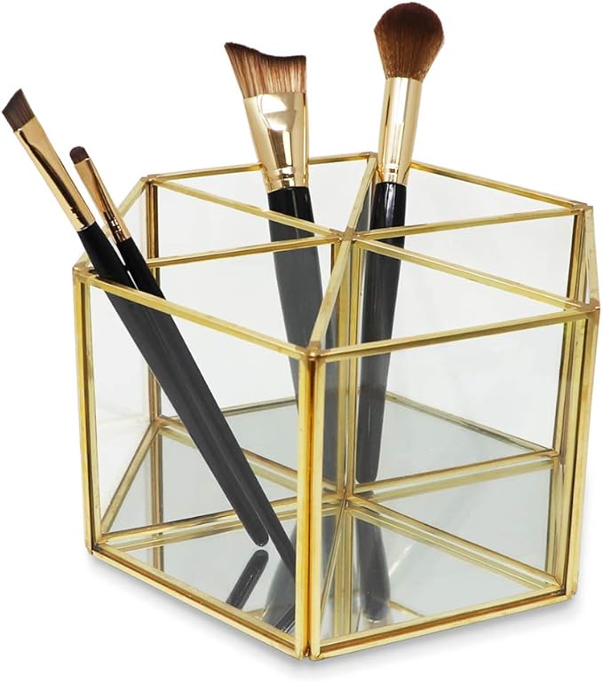 Isaac Jacobs 6-Compartment Rotating Makeup Brush Holder, 360 Degree Acrylic Carousel, Vintage Style Brass and Glass Organizer, Storage Solution with Mirror Base for Makeup, Kitchen, Crafts, & More
