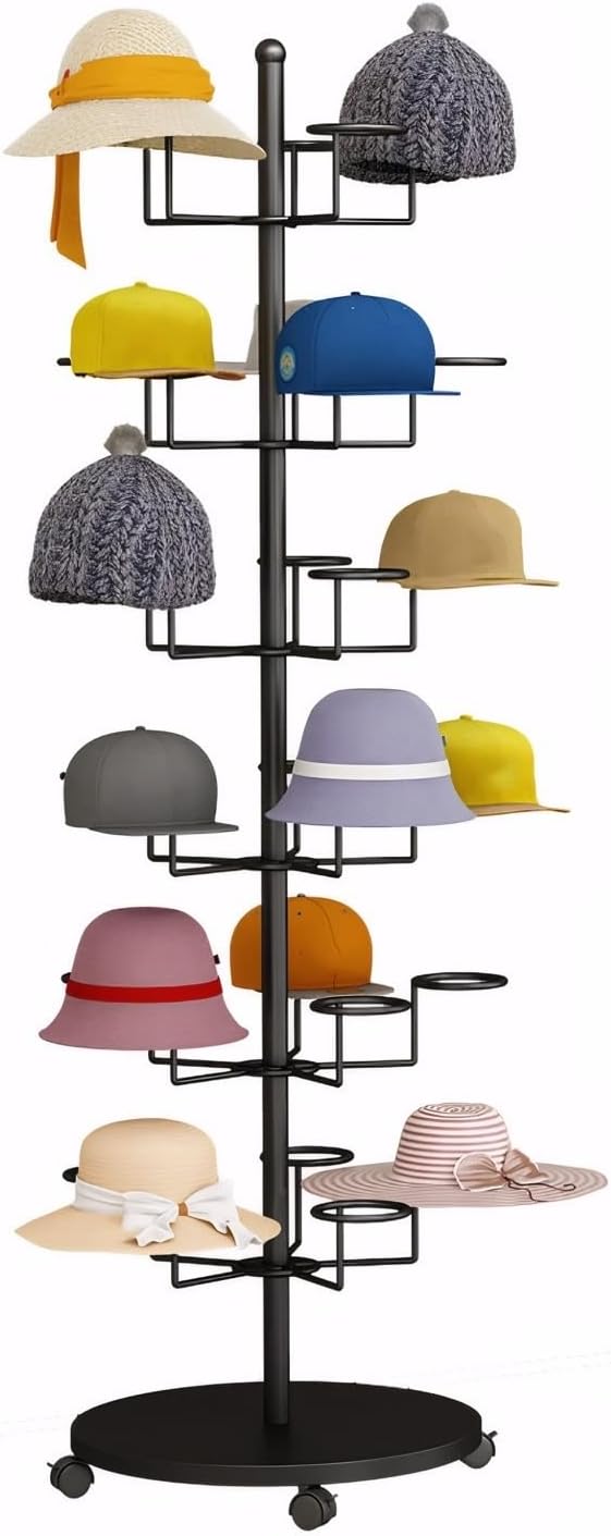 6 Tier Hat Rack with 30 Hooks, Freestanding Hat Rack Stand, Metal Hat Organizer Rack, Rolling Retail Hat Display Rack for Home/Store(Black,6 Tier)