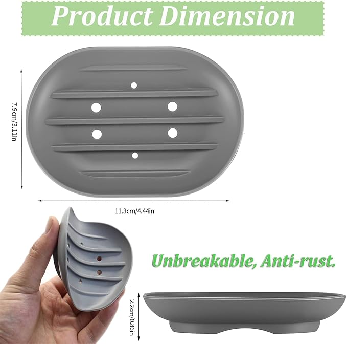 Silicone Soap Dish, 2-Pack, Anti-Slip Drainage Holder, Gray and White, 4.4 x 3.1 inches