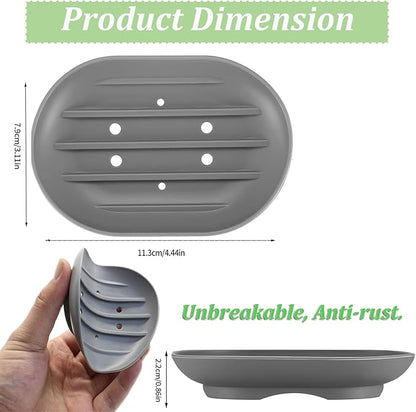 Silicone Soap Dish, 2-Pack, Anti-Slip Drainage Holder, Gray and White, 4.4 x 3.1 inches