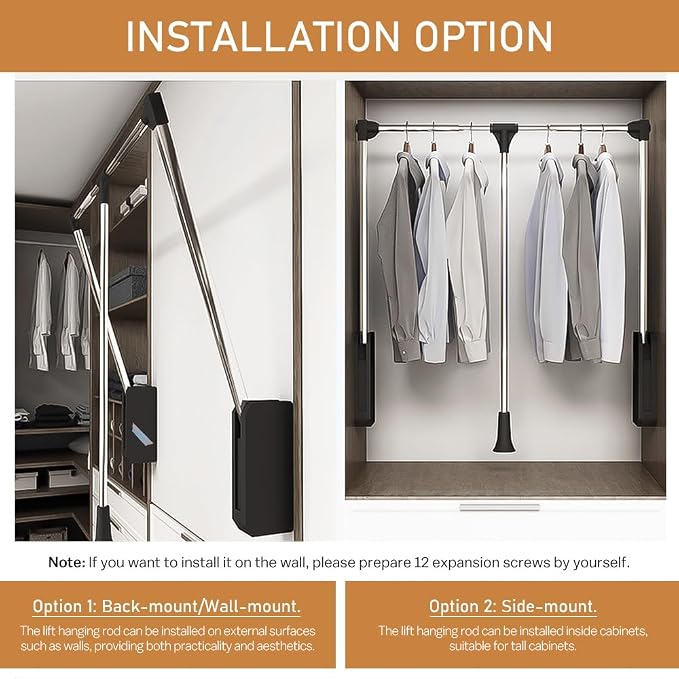 Pull Down Closet Rod, 60 lbs Load Capacity, Stainless Steel Adjustable 35-46.5 inches Soft-Close Wardrobe Lift Rail Organizer for Hanging Clothes, Two-way Buffering Side & Back Mounted Closet Rod