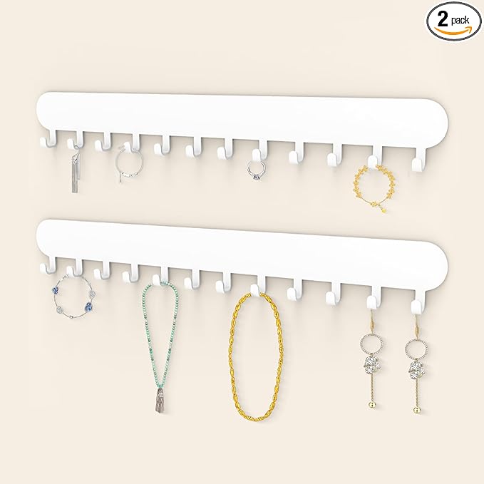 Necklace Holder - Hanging Jewelry Organizer, Self-Adhesive Wall Mounted for Necklaces, Bracelets, 2 Pack, White