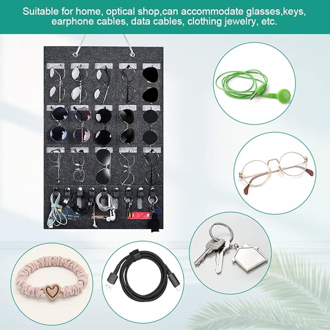 Eyeglass Organizer Storage 15 Compartments Felt Sunglasses Organizer with 2 Hooks Eyeglass Storage Organizer Hanging Bag for Glasses