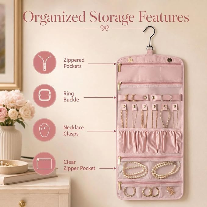 Jewelry Organizer with Hanger,Hanging Jewelry Organizer, Portable Travel Jewelry Bag,Foldable Storage for Earrings, Rings, and Watches; Can Be Hung on Wardrobes, Walls, or Doors, Pink