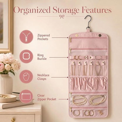 Jewelry Organizer with Hanger,Hanging Jewelry Organizer, Portable Travel Jewelry Bag,Foldable Storage for Earrings, Rings, and Watches; Can Be Hung on Wardrobes, Walls, or Doors, Pink