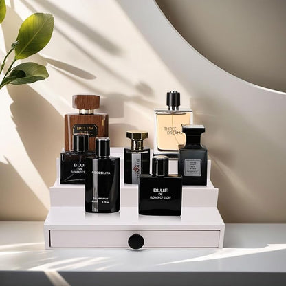White Cologne Organizer for Men - 3 Tier Wooden Perfume Display Stand with Drawer and Hidden Compartment for Organizing and Storing, Cologne Holder Shelf for Dresser