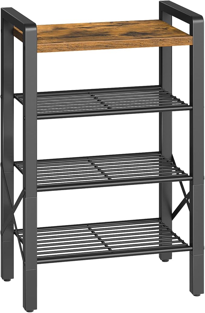 YATINEY 4-Tier Narrow Shoe Rack, Tall Shoe Rack for 4-8 Pairs, Slim Shoe Storage Organizer with Wooden Top, Space Saving, Metal Frame, for Entryway, Rustic Brown and Black SS64BR