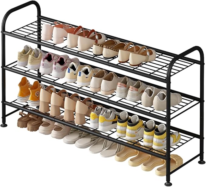 LINZINAR Shoe Rack Long 3 Tier Metal Shoe Organizer Metal Wide Shoe Shelf for Closet Entryway Bedroom Large Capacity Black