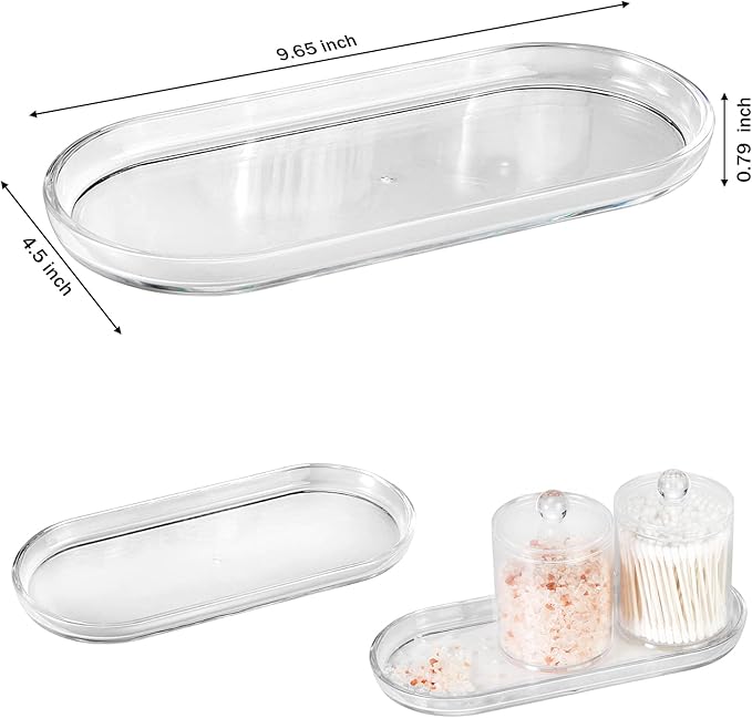SheeChung Acrylic Vanity Tray, 2 Pack, Clear, 9.65 in x 4.5 in x 0.79 in, Catchall Tray, Countertop Sink Tray Dispenser, Sturdy Holder for Cabinet, Shelf, Cupboard, or Closet Organization