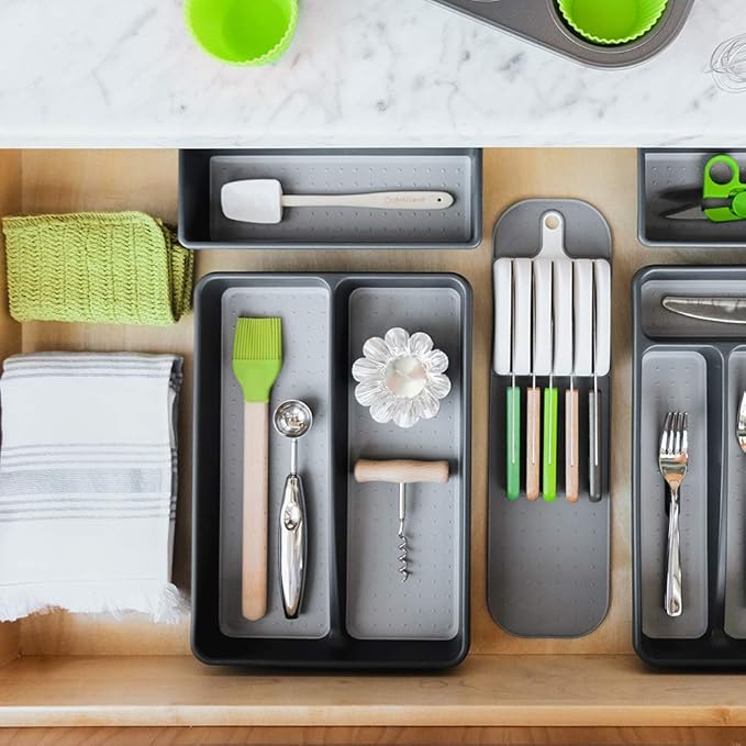 madesmart Premium Knife Mat, Soft-Grip Slot Organizer for 5 Knives, Non-Slip Drawer Insert Protects Blades and Drawers, Space-Saving Kitchen Knife Storage, Premium