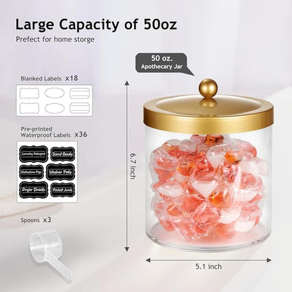 SheeChung 3 Pack 50 Ounce Large Clear Apothecary Jar with Gold Rust-Proof Lid - Shatterproof Plastic Storage Canister - Modern Luxury Bathroom Vanity & Laundry Room Organizer for Pods, Bath Salts