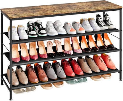 INGIORDAR Shoe Rack Organizer 5 Tier Metal Organizer Shelf with Industrial MDF Board and Layer Fabric for Entryway Closet Bedroom Living Room Garage (Black+Rustic Brown, 4 Tier(47.2" W))