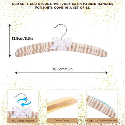 12 Pack Cotton Stripe Padded Hangers for Sweaters, 16 Inch Extra Large Rustic Style Non-Slip Coat Hangers for Women Clothing, Dresses, Lingerie, No Shoulder Bumps, Closet Organizer (Beige)