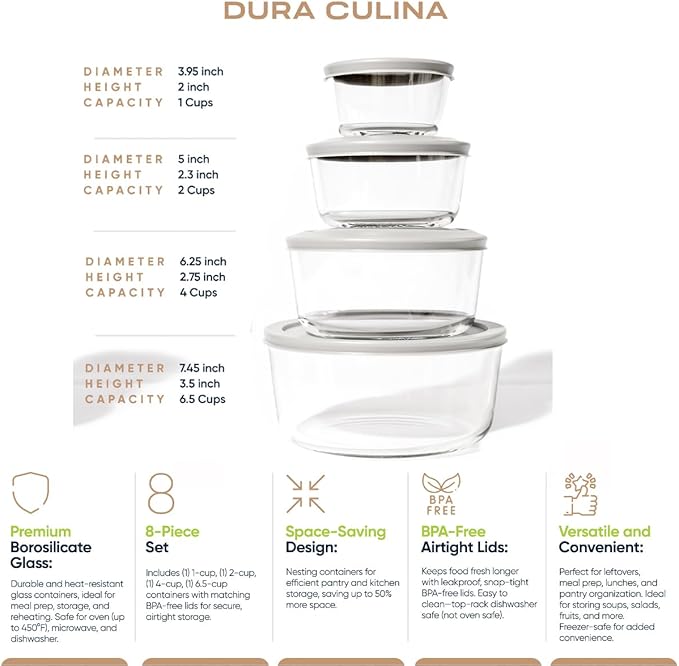 8-Piece Glass Food Storage Containers Set (4 Containers + 4 Lids) | Round, Nesting, Microwave & Dishwasher Safe | BPA-Free, Space-Saving | Grey Lids for Pantry & Kitchen Organization, Grey