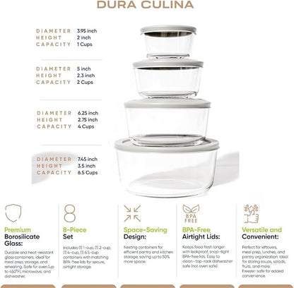 8-Piece Glass Food Storage Containers Set (4 Containers + 4 Lids) | Round, Nesting, Microwave & Dishwasher Safe | BPA-Free, Space-Saving | Grey Lids for Pantry & Kitchen Organization, Grey