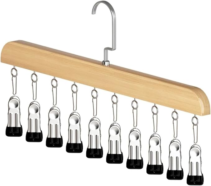 10-Clip Hanging Closet Organizer, Space Saving Pants Hanger with Adjustable Clips, Multi-Layer Garment Rack for Ties, Scarves, Belts, Clothes Storage(1*Wood)