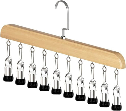 10-Clip Hanging Closet Organizer, Space Saving Pants Hanger with Adjustable Clips, Multi-Layer Garment Rack for Ties, Scarves, Belts, Clothes Storage(1*Wood)