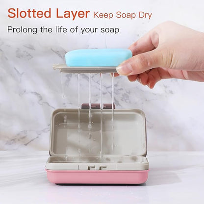 Quatish Leakproof Bar Soap Holder Dish with Lid for Shower, Portable Travel Soap Case Box for Gym, Camping, Hiking, Outdoor Use, Travel Size Toiletries Essentials, Keeps Soap Dry, Pink