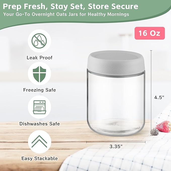 2 Pack Glass Overnight Oats Containers with Lids,Stackable Wide Mouth Mason Glass Jars with Airtight Seal Lids,Food Storage Jars for Meal Prep,Yogurt Parfaits,Meal Prep,Pudding,Spices (16 Oz)