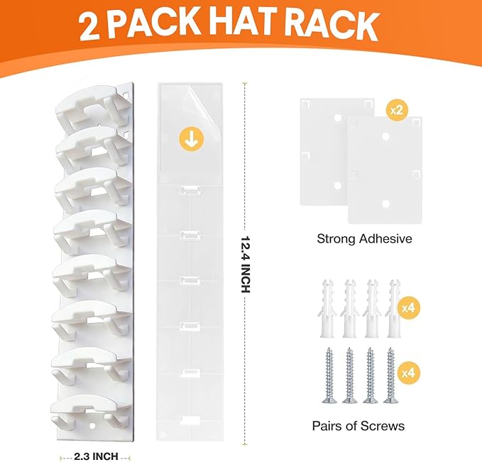 2 Pack Hat Organizer for Baseball Caps, Hat Rack for Wall with Strong Adhesive, Hold Up to 20 Hats, Hat Rack for Door Closet, Multi-Tier Hat Organizer, Two Mounting Options (White)
