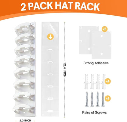 2 Pack Hat Organizer for Baseball Caps, Hat Rack for Wall with Strong Adhesive, Hold Up to 20 Hats, Hat Rack for Door Closet, Multi-Tier Hat Organizer, Two Mounting Options (White)
