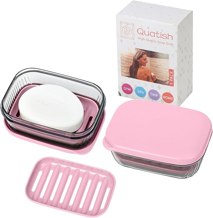 Quatish Bar Soap Holder Dish, Leakproof Travel Soap Case for Shower, Portable Travel Size Toiletries Camping Essentials for Gym, Dorm, Bathroom, Pink