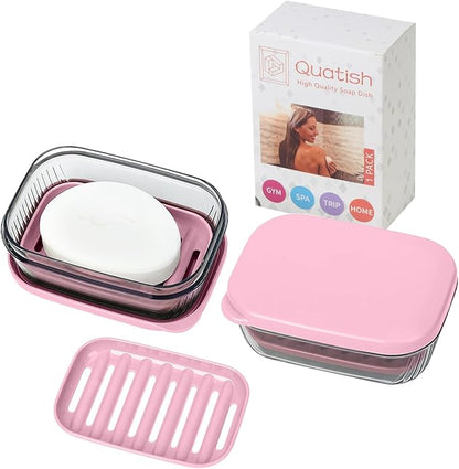 Quatish Bar Soap Holder Dish, Leakproof Travel Soap Case for Shower, Portable Travel Size Toiletries Camping Essentials for Gym, Dorm, Bathroom, Pink
