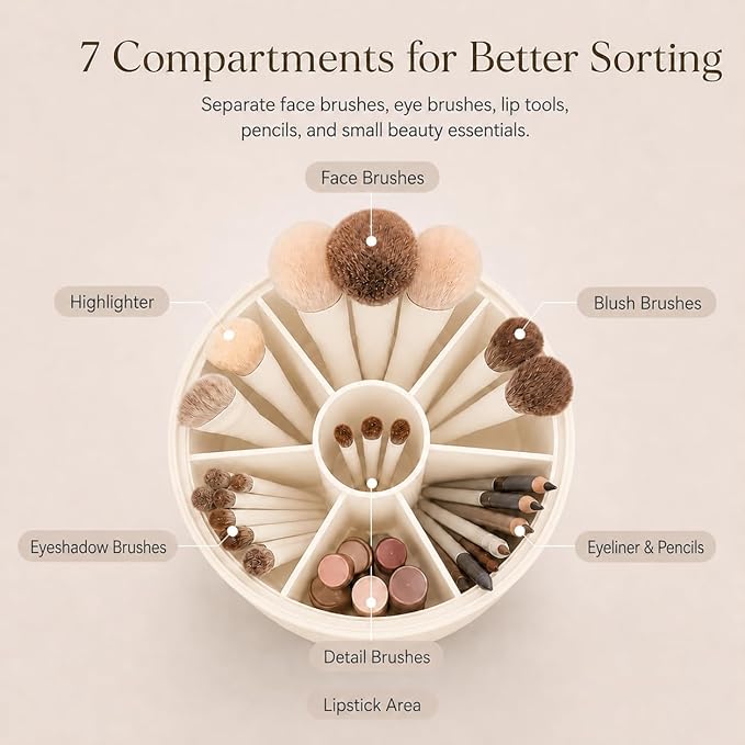 EACHY Makeup Brush Holder with Lid, 360° Rotating Vanity Organizer for Brushes, Dustproof Cosmetic Display Case, 7 Compartments, Waterproof Plastic (Beige)