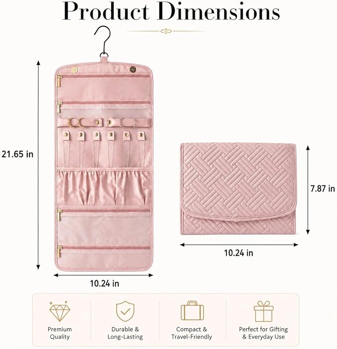 Jewelry Organizer with Hanger,Hanging Jewelry Organizer, Portable Travel Jewelry Bag,Foldable Storage for Earrings, Rings, and Watches; Can Be Hung on Wardrobes, Walls, or Doors, Pink