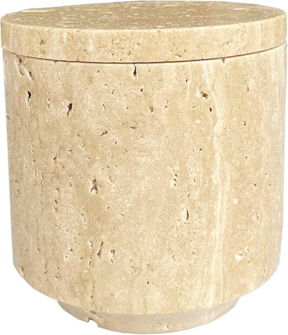 Natural Marble Hole Stone Cosmetic Cotton Swab Sundry Small Tank Storage Box Jar with Lid (Yellow Travertine)