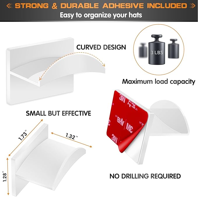 Adhesive Hat Hooks for Wall (12 PCS) - Hat Racks for Baseball Caps, Minimalist Hat Rack Design, Strong Hold Hat Hangers, No Drilling, Hat Holder Organizer for Wall (White)