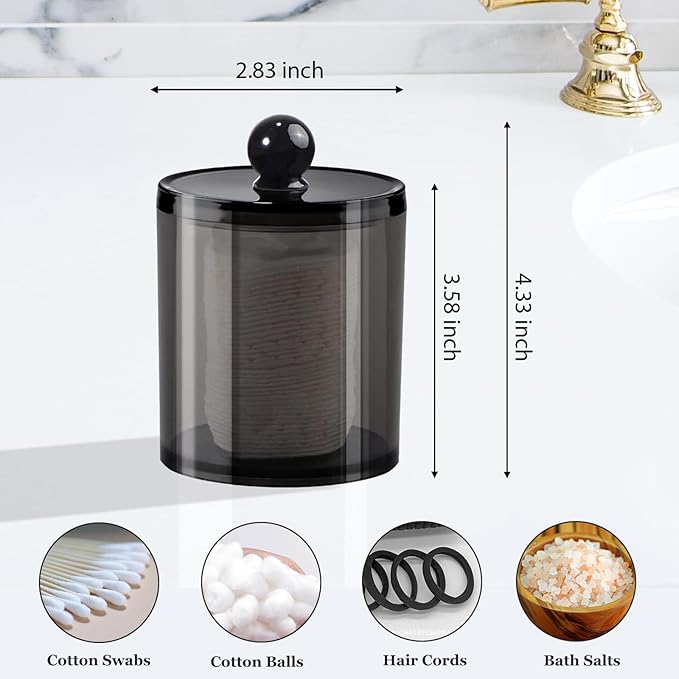 SheeChung 3 Pack Qtip Holder,Apothecary Jars with Lids, Cotton Round Holder with Labels,Minimalist Shatterproof Bathroom Organizer Set for Cotton Swabs,Balls,Pads,Bathroom Accessories (Black)