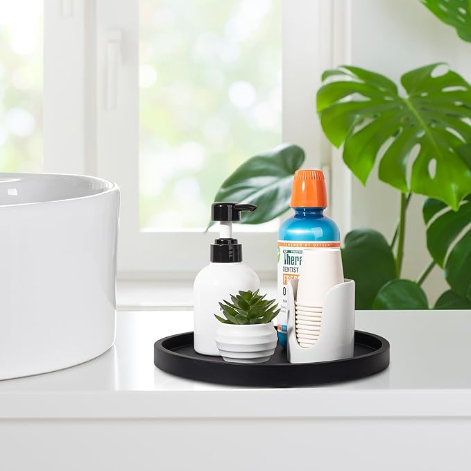 Silicone Bathroom Tray Round Vanity Tray Decorative Soap Holder Kitchen Countertop Organizer Coffee Table Decor for Candle, Perfume, Plant, 10 Inch, Black