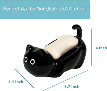 Ceramic Cute Cat Soap Dish, Self-Draining Bar Soap Holder for Shower, Decorative Soap Tray for Bathroom Sink Kitchen Counter, Easy Clean Soap Saver Tray (Black)