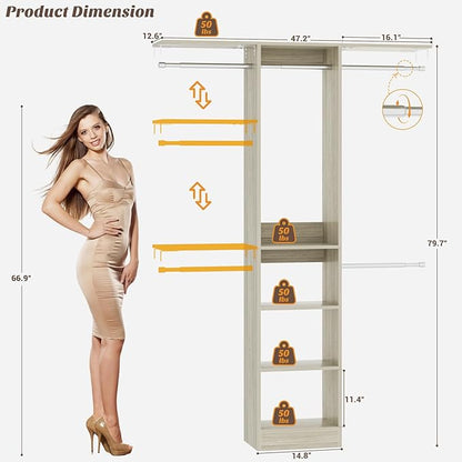 Besiost 48" Closet Organizer System, 4FT Closet System for Small Closets with 4 Hanging Rods & 3 Shelves, 80"H Small Closet Organizers and Storage for Bedrooms, Cloakrooms, White Oak