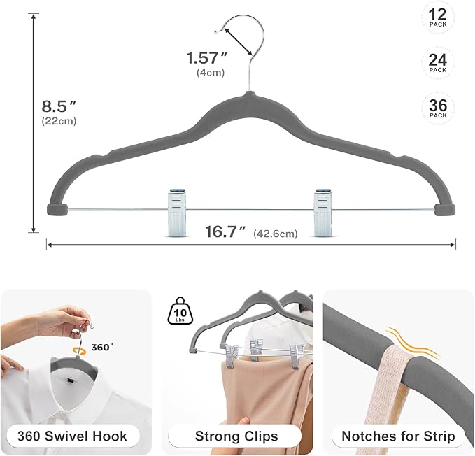 HOUSE DAY Velvet Skirt Hangers 24 Pack, Gray Hangers with Adjustable Clips, Space Saving Slim Velvet Pant Hanger, Heavy Duty Non Slip Clip Hanger for Pants, Skirts, Shorts