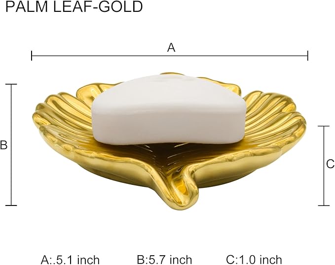 Gold Leaf Bathroom Soap Dish,Ceramic Soap Dish Holder in Palm Leaf Style,Self Draining Design and Used to Hold Various Small Bathroom and Kitchen Accessories