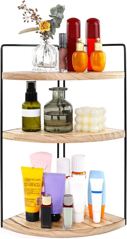 Corner Bathroom Counter Organizer Countertop Brown, 3-Tier Corner Shelf Wood Vanity Tray Easy Assembly Space Saving Shelf for Kitchen, Bathroom, Dresser, Makeup, Office