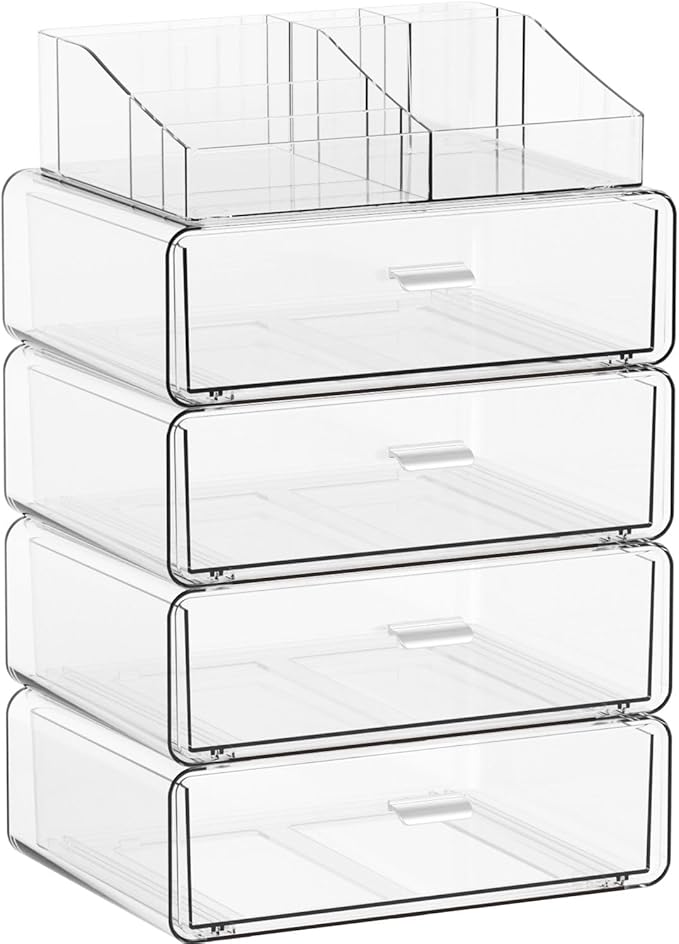 Yieach 5 Tier Clear Acrylic Makeup Organizers with Drawers,Tiered Countertop Make up Storage Organizer for Dresser Top and Bathroom Vanity,Plastic Makeup Stand for Brush,Skincare,Beauty Organizers