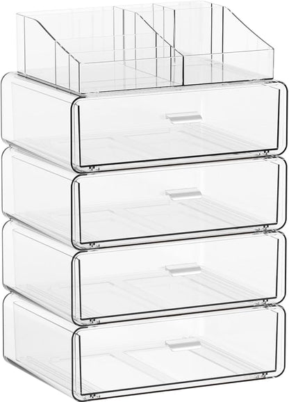 Yieach 5 Tier Clear Acrylic Makeup Organizers with Drawers,Tiered Countertop Make up Storage Organizer for Dresser Top and Bathroom Vanity,Plastic Makeup Stand for Brush,Skincare,Beauty Organizers