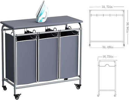 LINZINAR 3 Bag Laundry Basket Sorter Heavy Duty Rolling Lockable Wheels Laundry Hamper Cart with Ironing Board and Removable Bags, Grey