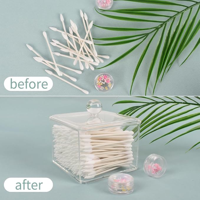 2pcs Acrylic Qtip Holder Dispenser with Lids, Clear Square Bathroom Canisters Plastic Storage Container