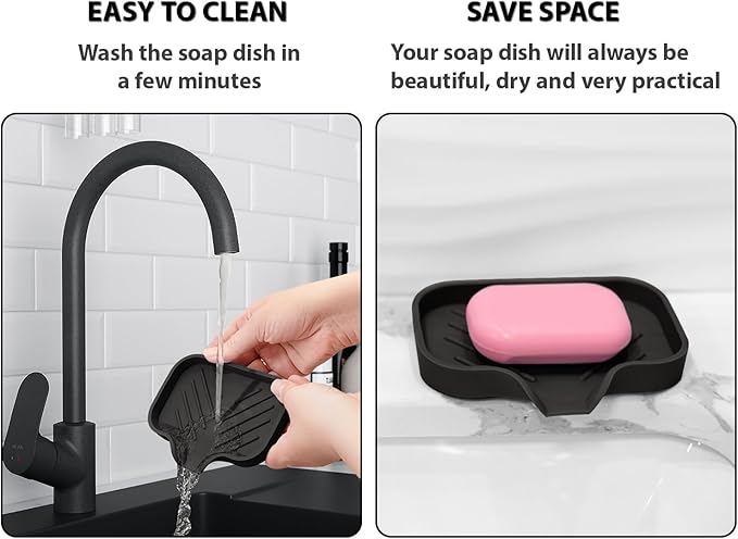 Black Silicone Soap Dish Tray, Self Draining Soap Holder for Bar Soap, Silicone Soap Tray with Drainage, Dish Soap Tray for Kitchen Counter, Plastic Free, S(4.7x3.5)