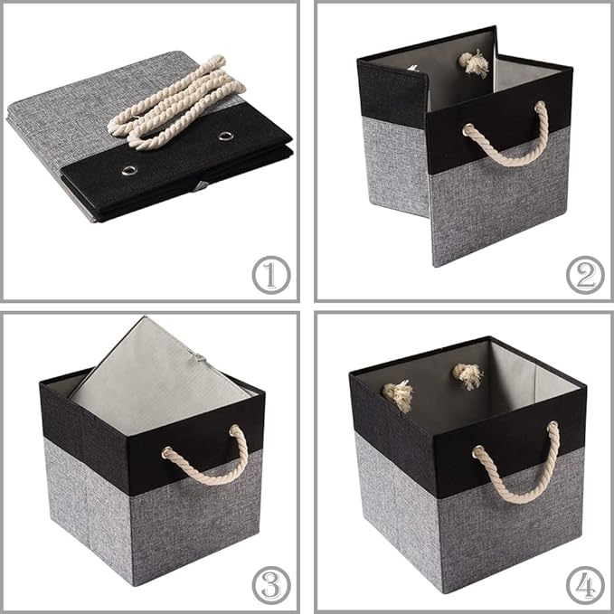 PRANDOM Large Foldable Cube Storage Bins 11x11 inch [2-Pack] Fabric Linen Storage Baskets Cubes Drawer with Cotton Handles Organizer for Shelves Nursery Closet Bedroom Black