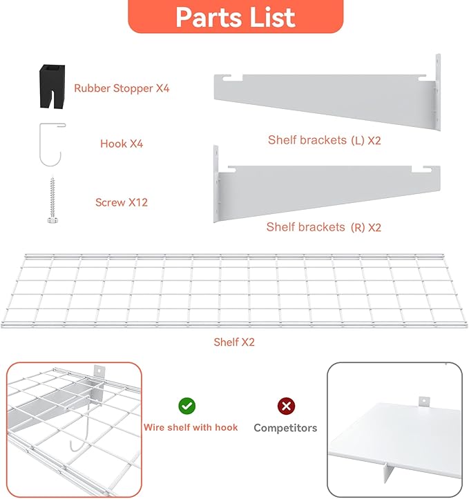 TORACK 2 Pack Garage Storage Wall Shelves, 15" x 45" Wall Mounted Wire Shelves for Garage Heavy Duty Wall Shelving(Pack of 2, White)