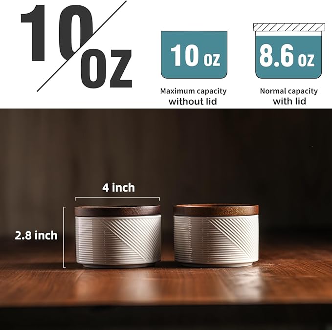 Salt and Pepper Bowls: 10 oz Ceramic Stackable Spice Cellar with Wooden Lid - Stacked Seasoning Storage Containers for Countertop Stovetop - Striped, White