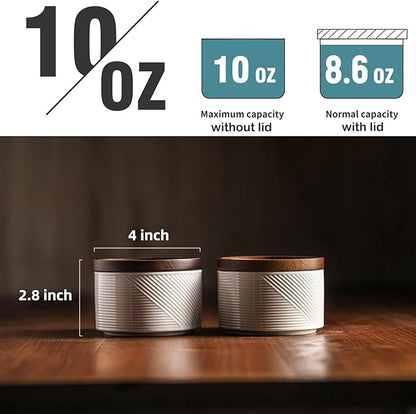 Salt and Pepper Bowls: 10 oz Ceramic Stackable Spice Cellar with Wooden Lid - Stacked Seasoning Storage Containers for Countertop Stovetop - Striped, White