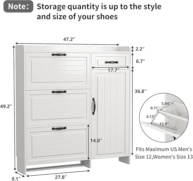Shoe Cabinet for Entryway,Large Shoe Storage Cabinet with 3 Flip Drawers and Side Cabinet,Narrow Shoe Rack Organizer Cabinet for Closet,Hallway