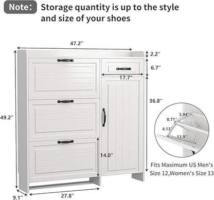 Shoe Cabinet for Entryway,Large Shoe Storage Cabinet with 3 Flip Drawers and Side Cabinet,Narrow Shoe Rack Organizer Cabinet for Closet,Hallway